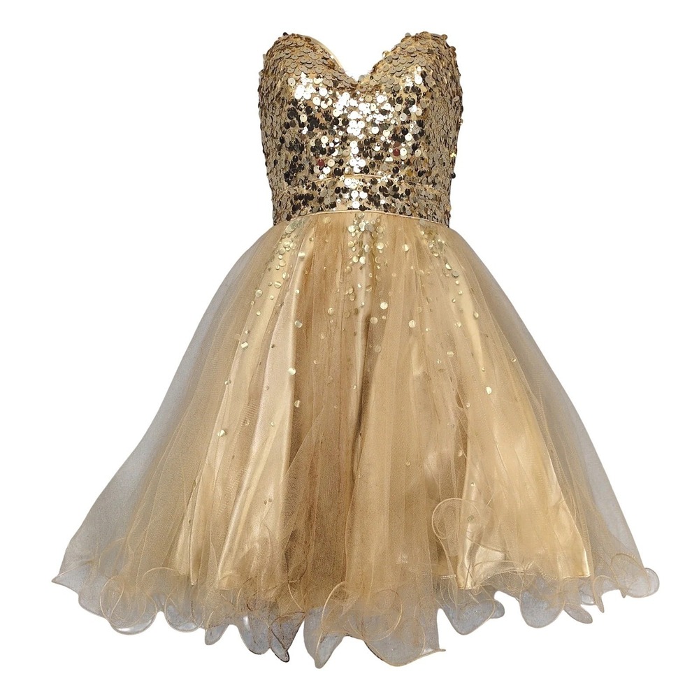 Vintage Y2K Night Moves Gold Sequin Party Mini Dress Sz 2 Tutu Prom Fairy Glam